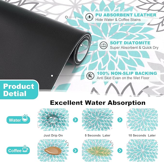 Findosom 2PCS 17" x 32" Dish Drying Mat & 24" x 5.5" Sink Splash Guard, Super Absorbent & Cuttable Dish Mat Drying Kitchen Mat with Teal Floral, Hide Stain Drying Mat for Kitchen Counter