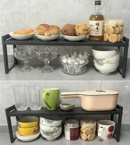 2 Pack Expandable Cabinet Shelf Organizer 16-26" L Stackable Kitchen Counter Shelves Rack Stand Sink Riser Countertop Storage Black (Narrow 5.1”D)