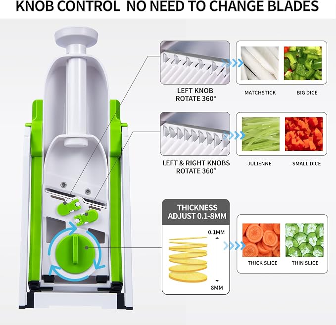 QYKIC Safe Mandoline Slicer 5 in 1 Vegetable Chopper Food Potato Cutter, Strips Julienne Dicer Adjustable Thickness 0.1-8 mm Kitchen Chopping Artifact Fast Meal Prep