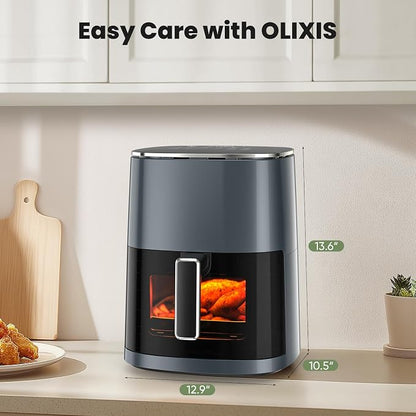 OLIXIS 12-in-1 Air Fryer 6.34 Quarts, Visable Airfryer with Window, 400°F, Roast, Reheat, Dehydrate, Bake, Steam, Fries, Custard, Chicken, Wings, Sea Food, Vegetabels, Grey