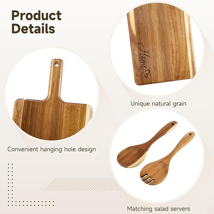 Wooden Cutting Board Set, Solid Wood Chopping & Serving Board with Salad Spoon & Fork, Decorative Kitchen Platter for Housewarming, Wedding, New Home or Family Kitchen Essential
