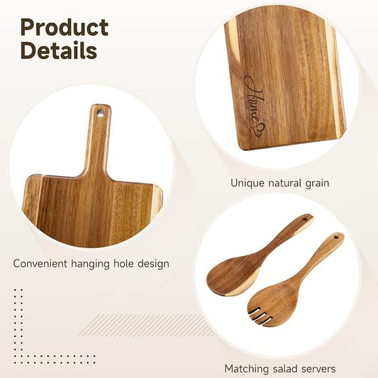 Wooden Cutting Board Set, Solid Wood Chopping & Serving Board with Salad Spoon & Fork, Decorative Kitchen Platter for Housewarming, Wedding, New Home or Family Kitchen Essential