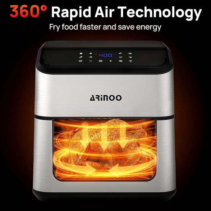 Air Fryer Pro 8 Qt, 8-in-1 Air Fryer with Viewing Window, 360° Rapid Air, 1500W, 80% Less Oil, Nonstick Dishwasher-Safe Basket, PFAS & Teflon-Free, 180°F-400°F, Recipe Book, Black