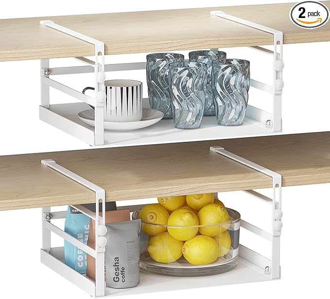 HENGI 2 Pack Adjustable Under Shelf Storage, Heavy Duty Metal Basket Organizer for Kitchen Cupboard Cabinet Pantry Laundry Desk Bookshelf, White
