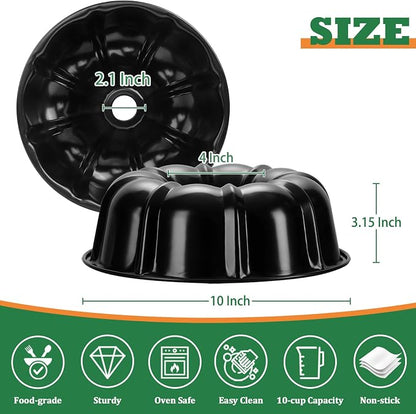 P&P CHEF 10 Inch Black Non-stick Cake Pan, Carbon Steel Fluted Tube Round Baking Pan for Pound Cake, 10-Cup Large Capacity Bakeware, Healthy & Heavy Duty, 1 Piece