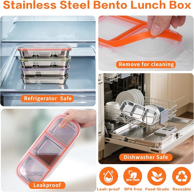 4 Pack Stainless Steel Snack Containers with Lids, 3 Compartments Reusable Snack Box for Adults, Food Storage Metal Containers Divided Meal Prep Box for Home, Work, Travel