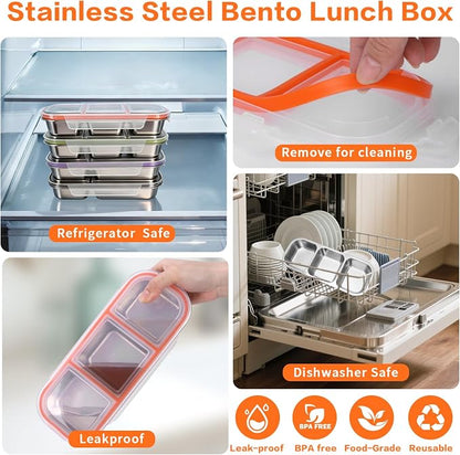 4 Pack Stainless Steel Snack Containers with Lids, 3 Compartments Reusable Snack Box for Adults, Food Storage Metal Containers Divided Meal Prep Box for Home, Work, Travel