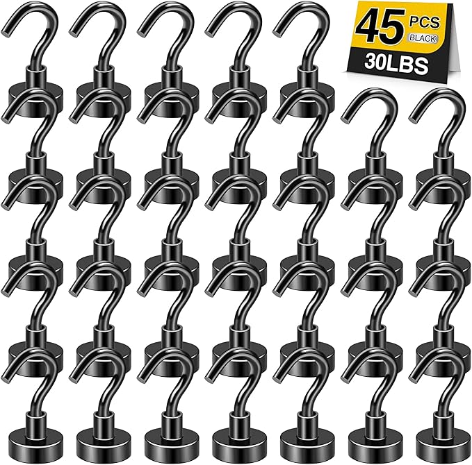 DIYMAG Magnetic Hooks for Refrigerator, Extra Strong Cruise Hook, Heavy Duty Earth Magnets with Hook for Hanging, Magnetic Hanger for Cabins, Grill (45P-Black)