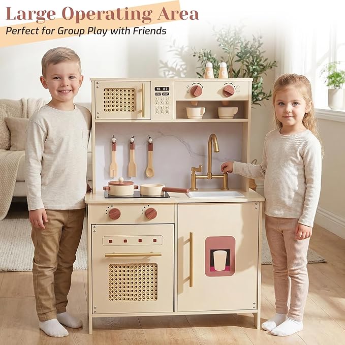 Wooden Kitchen Playsets for Kids, Pretend Play Kitchen with Realistic Clicking Sounds, Gold Faucet, Coffee Maker & Cooking Accessories, Set for Toddlers Boys Girls Age 3+