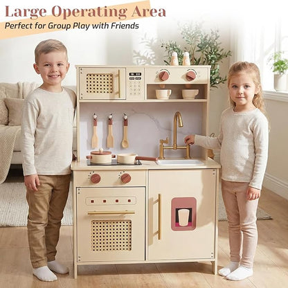 Wooden Kitchen Playsets for Kids, Pretend Play Kitchen with Realistic Clicking Sounds, Gold Faucet, Coffee Maker & Cooking Accessories, Set for Toddlers Boys Girls Age 3+