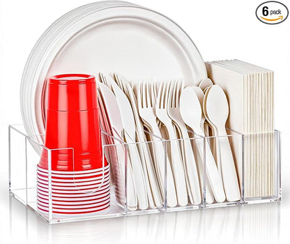 Acrylic Paper Plate Organizer for Countertop, Silverware Caddy for Cups, Napkins, Paper Plate and Utensil Holder, Cutlery Caddy for Party, Camping, Picnic