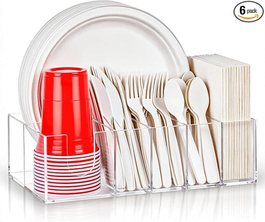 Acrylic Paper Plate Organizer for Countertop, Silverware Caddy for Cups, Napkins, Paper Plate and Utensil Holder, Cutlery Caddy for Party, Camping, Picnic