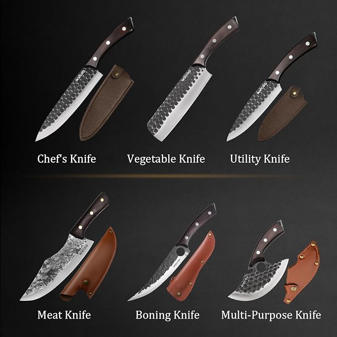 6PCS Kitchen Knife Set Kitchen High Carbon Steel Hand Forged Sharp Chef Knives All Purpose for Home and Outdoor Cooking Non Stick Hammer Finish Ergonomic Wood Handle with Leather Sheath - Black