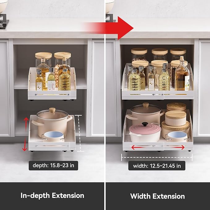 Pull out Cabinet Organizer Raised Side Walls for Safer Storage - Zero-Drill Installation, 4-Way Expansion, Modern Design for Kitchen & Pantry Depth (15.8"-23") & Width (12.5"-21.45")