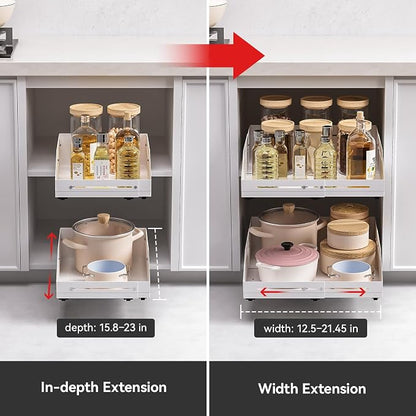 Pull out Cabinet Organizer Raised Side Walls for Safer Storage - Zero-Drill Installation, 4-Way Expansion, Modern Design for Kitchen & Pantry Depth (15.8"-23") & Width (12.5"-21.45")