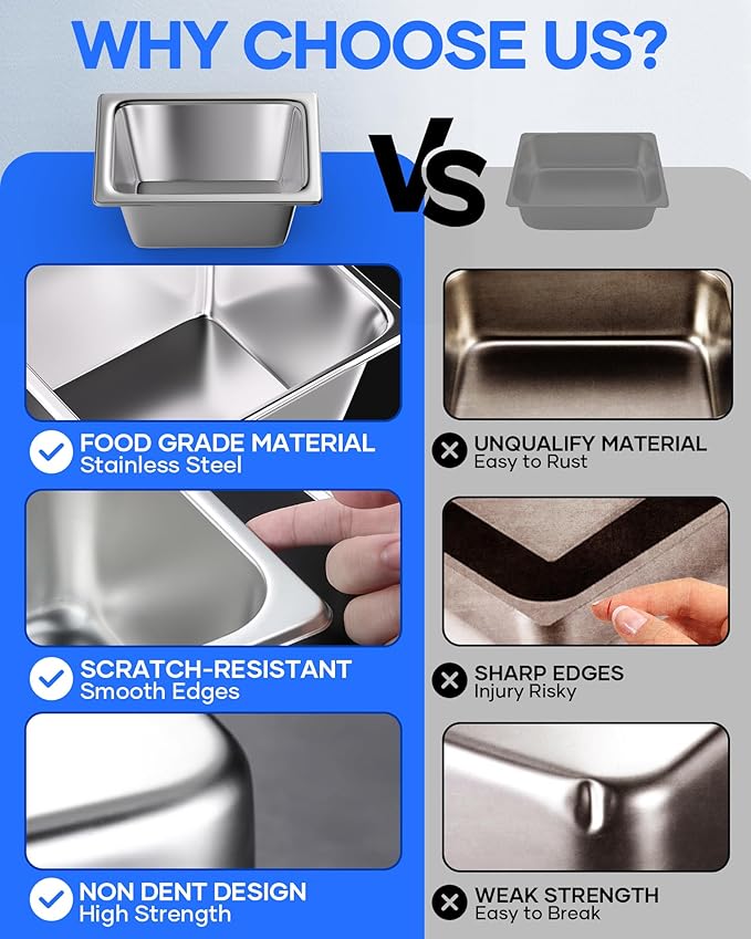 WantJoin Steam Table Hotel Pans with Lid 1/3 Third Size 2.5 Inch Deep 6 Pack, Stainless Steel Metal Food Storage Container Tray Sets, Restaurant Chafing Dishes Commercial Buffet Warmer Catering