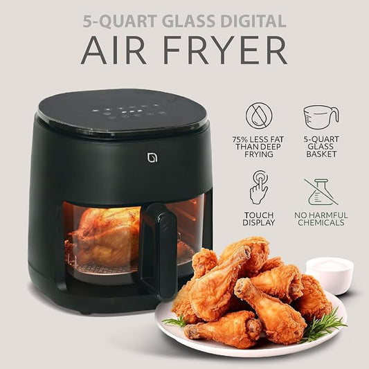 WILLOW Eco Series 6 in 1 Air Fryer with Glass Basket, 5 Quart Non Toxic Glass Air Fryer w Digital Display, 430°F Max Temp, Preheat & Keep Warm Function, Compact + Dishwasher Safe Airfryer -BLACK