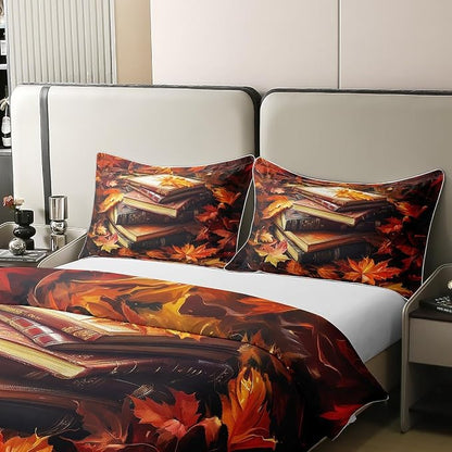 100% Nature Cotton Retro Book Duvet Cover Queen Size 3 Pcs Autumn Maple Leaves Bedding Set Room Decor Gifts Rustic Farmhouse Comforter Cover,Comforter Not Included
