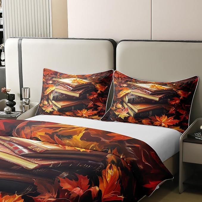 Castle Fairy Retro Book 100% Nature Cotton Duvet Cover Autumn Maple Leaves Comforter Cover Twin Size with 1 Pillowcase Rustic Farmhouse Aesthetic Luxury Bedding Set (No Filler)