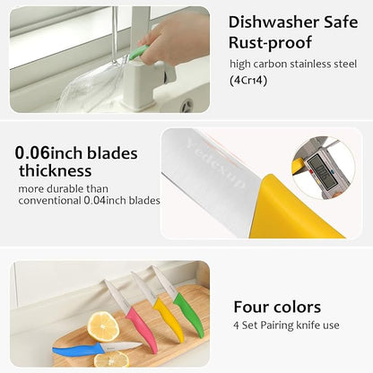 4-Piece Colored Paring Knife Set, 3.7 Inch Stainless Steel Sharp Fruit Vegetable Peeling Knives with Ergonomic Anti-Slip Large Handle, Small Kitchen Utility Knife for Daily Meal Prep, Assorted