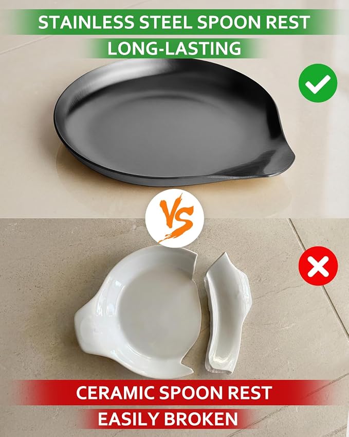 VanlonPro Stainless Steel Spoon Rest, Spatula Ladle Holder, Stainless Steel Utensil Spoon Rest Holder, Brushed Finish, Dishwasher Safe 5.9 x 5.1 Inch (Round Black 1PC)