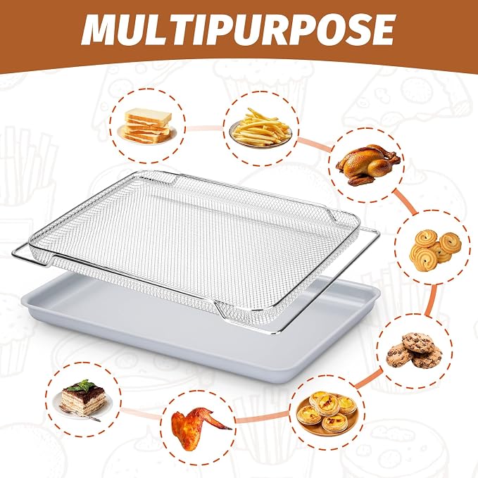 Ceramic Nonstick Baking Pan and Air Fryer Basket set,Naturally Slick Ceramic Coating Sheet Baking Pan and Stainless Steel Cooling Rack Set,Non-Toxic,PTFE&PFOA Free-Perfect for Baking, Roasting