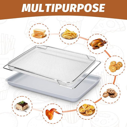 Ceramic Nonstick Baking Pan and Air Fryer Basket set,Naturally Slick Ceramic Coating Sheet Baking Pan and Stainless Steel Cooling Rack Set,Non-Toxic,PTFE&PFOA Free-Perfect for Baking, Roasting