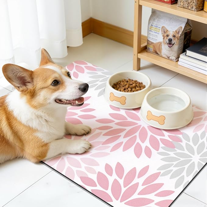 Findosom Floral Dish Drying Mat, 12" x 20" Super Absorbent & Hide Stain Coffee Mat, Cuttable Drying Mat for Kitchen Counter, Under Dish Rack, Coffee Maker, Espresso Machine, Pink