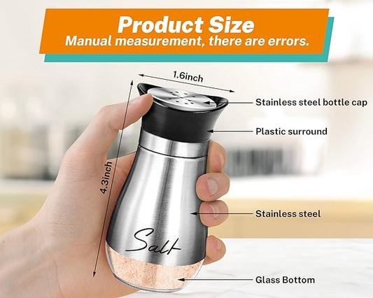 Salt Shakers and Pepper Set,4 oz Glass Bottom Salt Pepper Shaker with Stainless Steel Lid for Kitchen Gadgets Cooking Table, RV, Camp,BBQ Refillable Design (Silver)