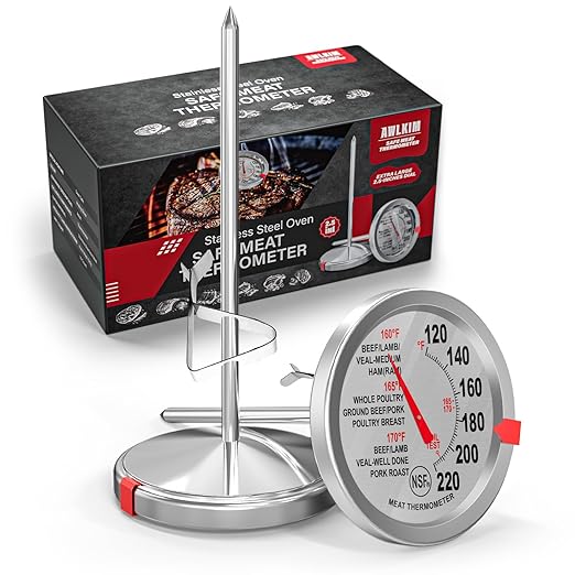 AWLKIM 2 Pack Analog Probe Meat Thermometer, NSF Certified, No Battery Needed, 2.5-in Extra-Large Dial, 120-220°F Read Range, Oven Safe up to 500°F, Bimetallic Stem for Cooking, Roasting, Turkey