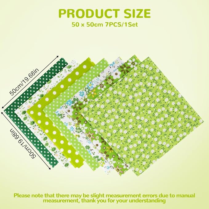 Ainiv 7pcs 19.68"x19.68" 100% Cotton Quilting Fabric, Fabric Bundles Squares, Floral PreCut Fat Squares Sheets for Quilting, Sewing, DIY Crafts, Mask, Green