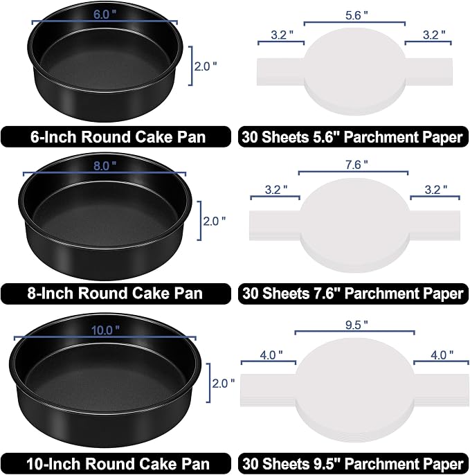 Round Cake Pans Set of 3 (6, 8, 10 Inch), Nonstick Circle Cake Pan with 90PCS Parchment Paper for Layer Cakes Deep-Dish Pizza Tart, Baking Pans Set for Christmas Birthday Thanksgiving, Dishwasher Safe