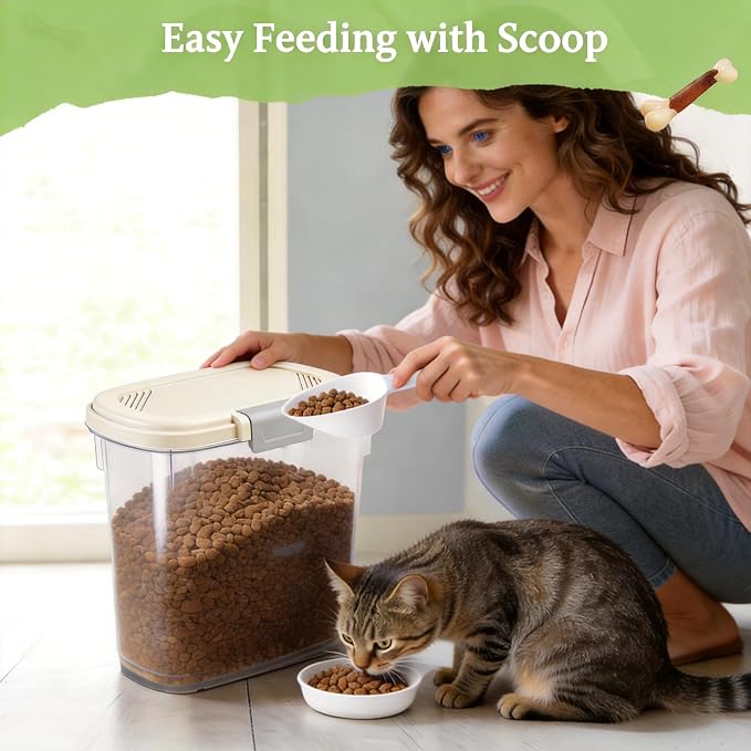 Airtight Dog Food Storage Container 10 Lbs - Slim Tall Pet Cat Food Treat Container with Lid, Scoop and Cup - Clear Plastic Dry Food Storage Bin for Dogs, Cats, Bird Seeds, Kibble, Pellets