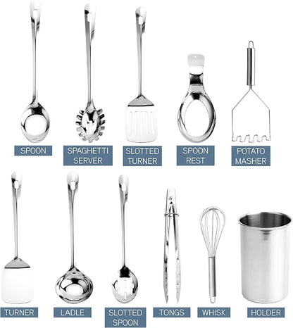COOK WITH COLOR Kitchen Utensil Set - premium Nonstick & Heat Resistant Kitchen Gadgets, Turner, Spaghetti Server, Serving Spoons, Whisk, Tongs, Masher & Utensil Holder, 10-piece Stainless Steel