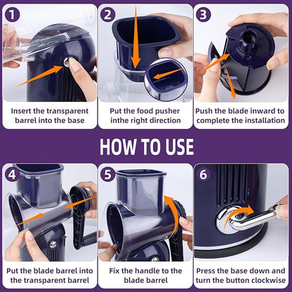 Rotary Cheese Grater with Handle, Vegetable Shredder with 5 Replaceable Blades & Strong Suction Base, Round Food Slicer & Chopper for Kitchen Fruit Vegetables Nuts with Blade Storage Box (Purple)
