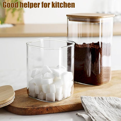 6 Pack Glass Food Storage Jars with Airtight Lids, Clear Glass Jar with Bamboo Lid, Airtight Food Canister for Tea, Candy, Coffee, Sugar, Cookie, Snack. (Square| 5+6 Inch) SET of 3