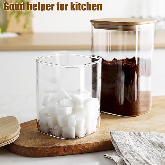 Glass Food Storage Jars with Airtight Lids, Clear Glass Jar with Bamboo Lid, Airtight Food Canister for Tea, Candy, Coffee, Sugar, Cookie, Snack. (Square | 5+6 Inch | 38+20 oz)