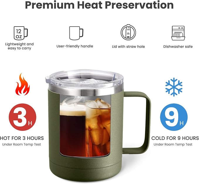 MEWAY 12oz Coffee Mug With Handle and Sliding Lid,Stainless Steel Travel Tumbler Cup with Handle,Double Wall Vacuum Insulated Camping Cup for Hot & Cold Drinks Tea (Army Green,Set of 1