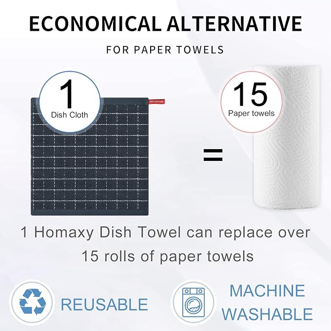 Homaxy 100% Cotton Terry Kitchen Dish Cloths, Ultra Soft and Absorbent Dish Towels for Kitchen, Suitable for Drying and Washing Dishes, 8 Pack, 12 x 12 Inches, Dark Grey