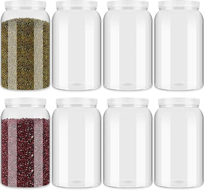 Dandat 8 Pcs 1 Gallon Clear Plastic Jars Airtight Pantry Large Mouth Jars Plastic Jug Cylinder Containers with Lids for Candy Butter Honey Sugar Cookies Arts Crafts Bartender Kitchen(White Lids)