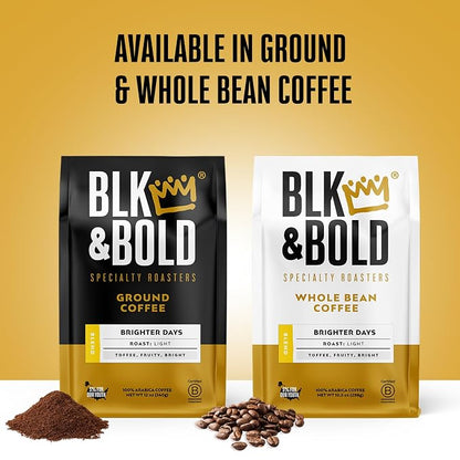 BLK & Bold Ground Coffee, Brighter Days Light Roast, Fruity Toffee Flavor Notes, For Drip Coffee Maker, French Press & Coffee Pot, 12 oz Bags (2 Pack)
