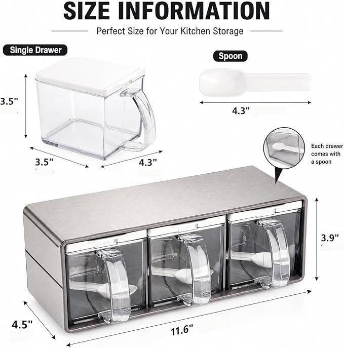 ZENFUN 3 Grids Seasoning Organizer Box, Stainless Steel Salt Container with Lid and Spoon, Seasoning Containers with Stainless Steel Rack for Home, Kitchen, Cafe, Storing Salt, Sugar, Pepper, Spice