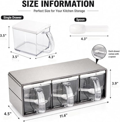 ZENFUN 3 Grids Seasoning Organizer Box, Stainless Steel Salt Container with Lid and Spoon, Seasoning Containers with Stainless Steel Rack for Home, Kitchen, Cafe, Storing Salt, Sugar, Pepper, Spice