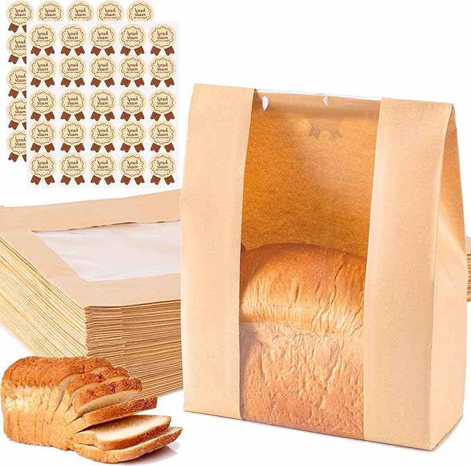 100Pcs Sourdough Paper Bread Bags for Homemade Bread with Window, Includes 50PCS Label Seal Stickers for Food Storage(50% Thicker 13.7x8.3x3.5 in - Large)