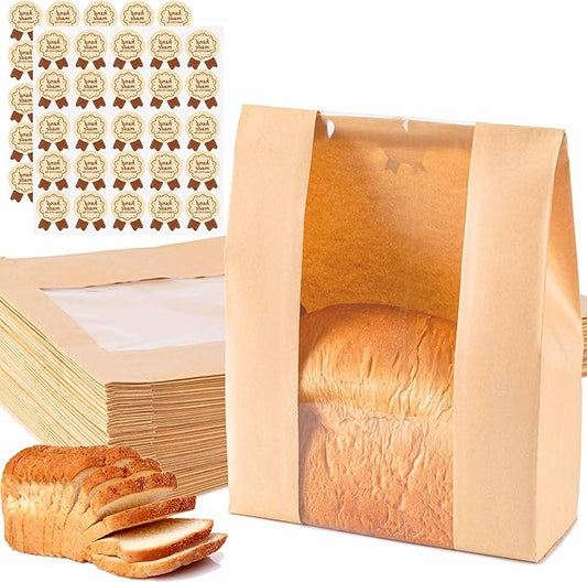 100Pcs Sourdough Paper Bread Bags for Homemade Bread with Window, Includes 50PCS Label Seal Stickers for Food Storage(50% Thicker 13.7x8.3x3.5 in - Large)