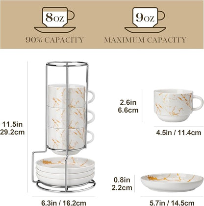MALACASA 8 OZ Porcelain Espresso Cups with Saucers and Metal Stand Set of 4, Stackable Cappuccino Cups, Marble White Expresso Shots Cup Set for Coffee Drinks, Latte, Tea
