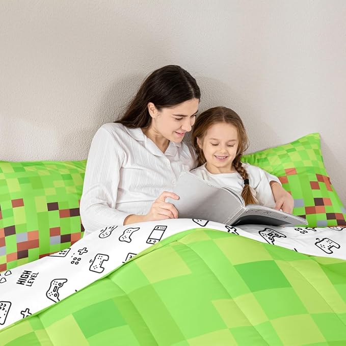 Manfei Pixelated Blocks Kids Comforter Set Full Size,Gamepad Miners Video Games Boys Duvet Set Teens Bedroom Decor,Geometric Camouflage Grid Microfiber Soft Bedding 3Pcs,Green Brown