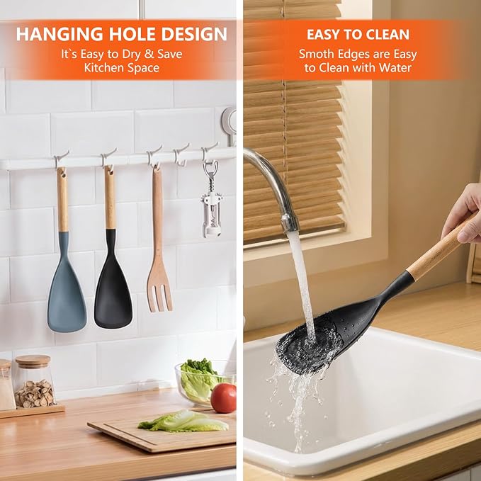 Silicone Spatula Spoon Wood Handle BPA-Free Nonstick Safe - Cooking Spoons, Cooking Spoon, Silicone Cooking Spoons, Spoon Spatula Mixing Scooping Scraping (Black & Grey) 12.6 Inch