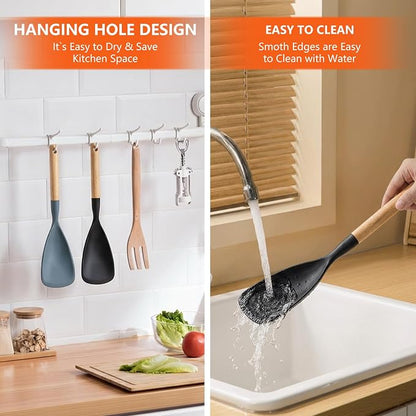 Silicone Spatula Spoon Wood Handle BPA-Free Nonstick Safe - Cooking Spoons, Cooking Spoon, Silicone Cooking Spoons, Spoon Spatula Mixing Scooping Scraping (Black & Grey) 12.6 Inch