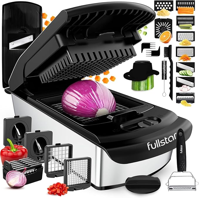 Multifunctional kitchen slicer with various attachments and sliced vegetables on a white background
